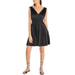 Rebecca Taylor Black V Neck‎ Smocked Waist Pleated Midi Dress L